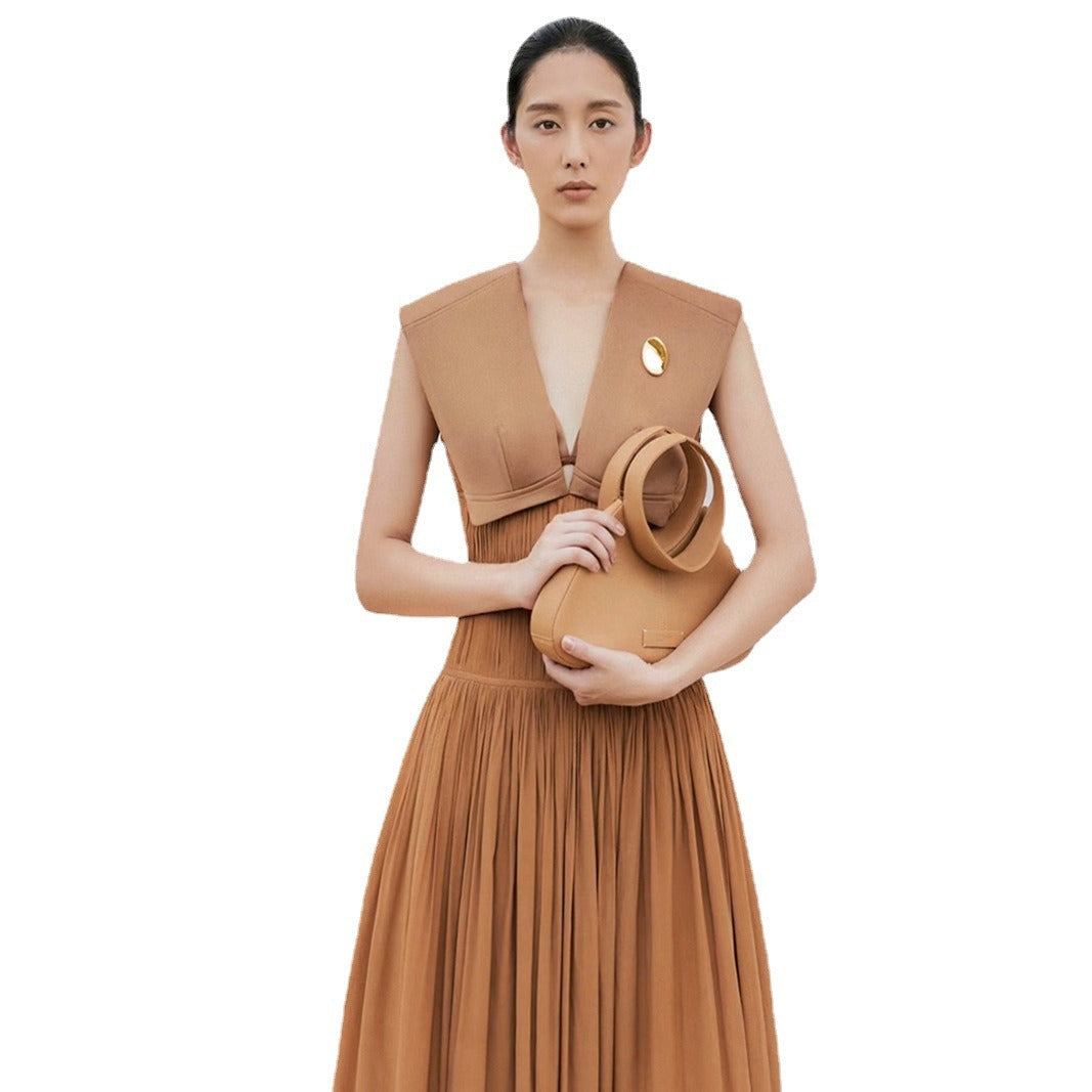 Terry V-neck Sleeveless Thin Pleated Dress