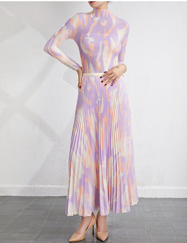 Frenely Casual Set Skirt Spring and Autumn New Style Pleated Standing Neck Long Sleeve Top Half Skirt Set