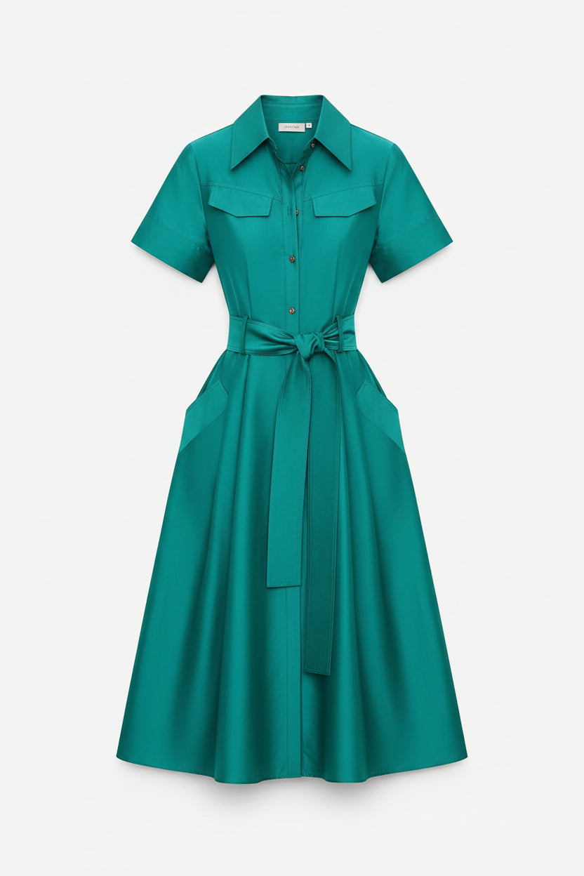 Lapel single-breasted belt mid-waist large hem mid-length Dress Green / L Lapel single-breasted belt mid-waist large hem mid-length Dress Green / L