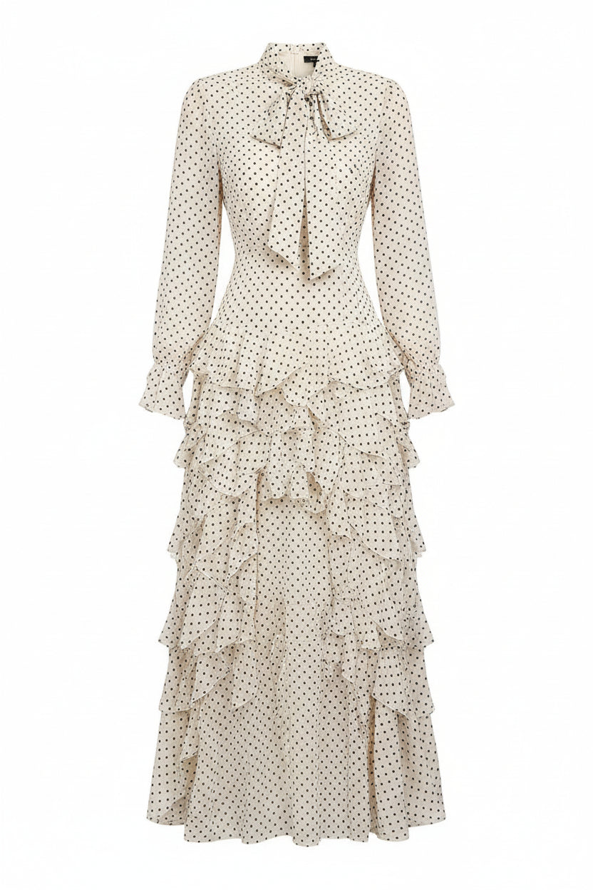 Hanna Polka Dot Print Waist Cinched Ruffle Edge Dress