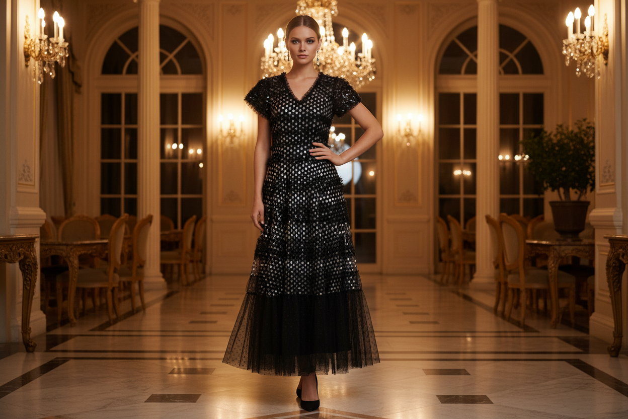 Aurora V-neck Short Sleeve Long Dress with Sequins