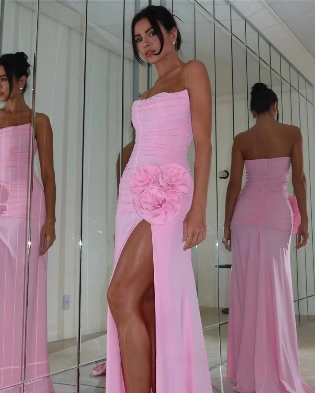 Harper Pink Strapless 3D Flower Evening Dress