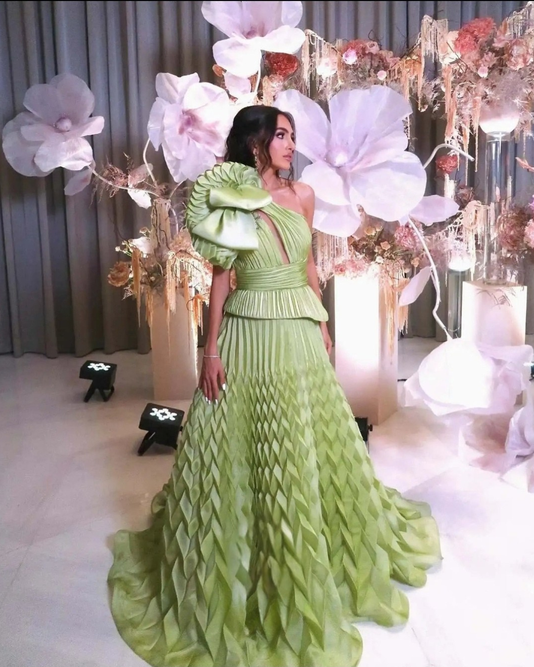 Green Geometry Patterns Satin Evening Dress