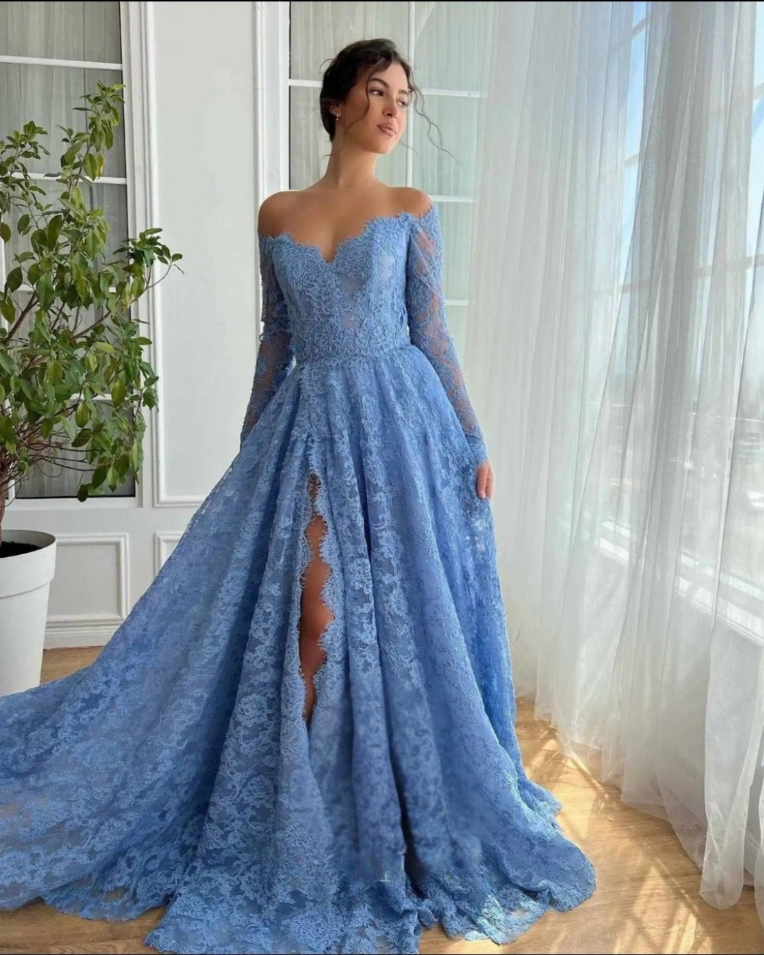 Sharon Said Blue Lace Off Shoulder Evening Dress with High Side Slit