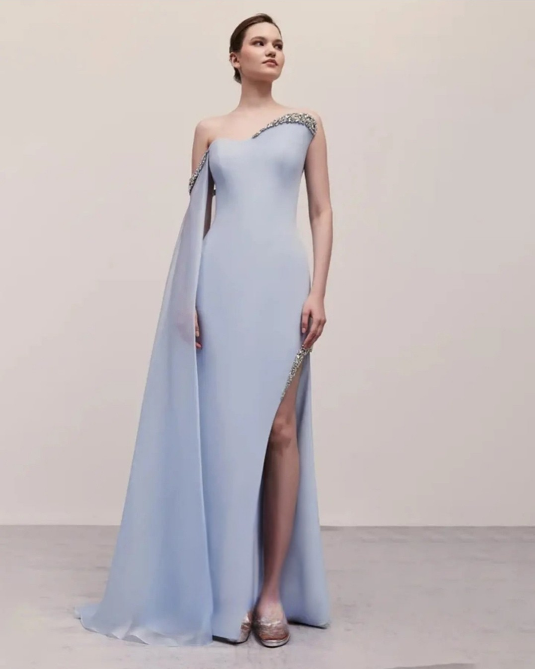 Blue Strapless Evening Dress with High Side Slit