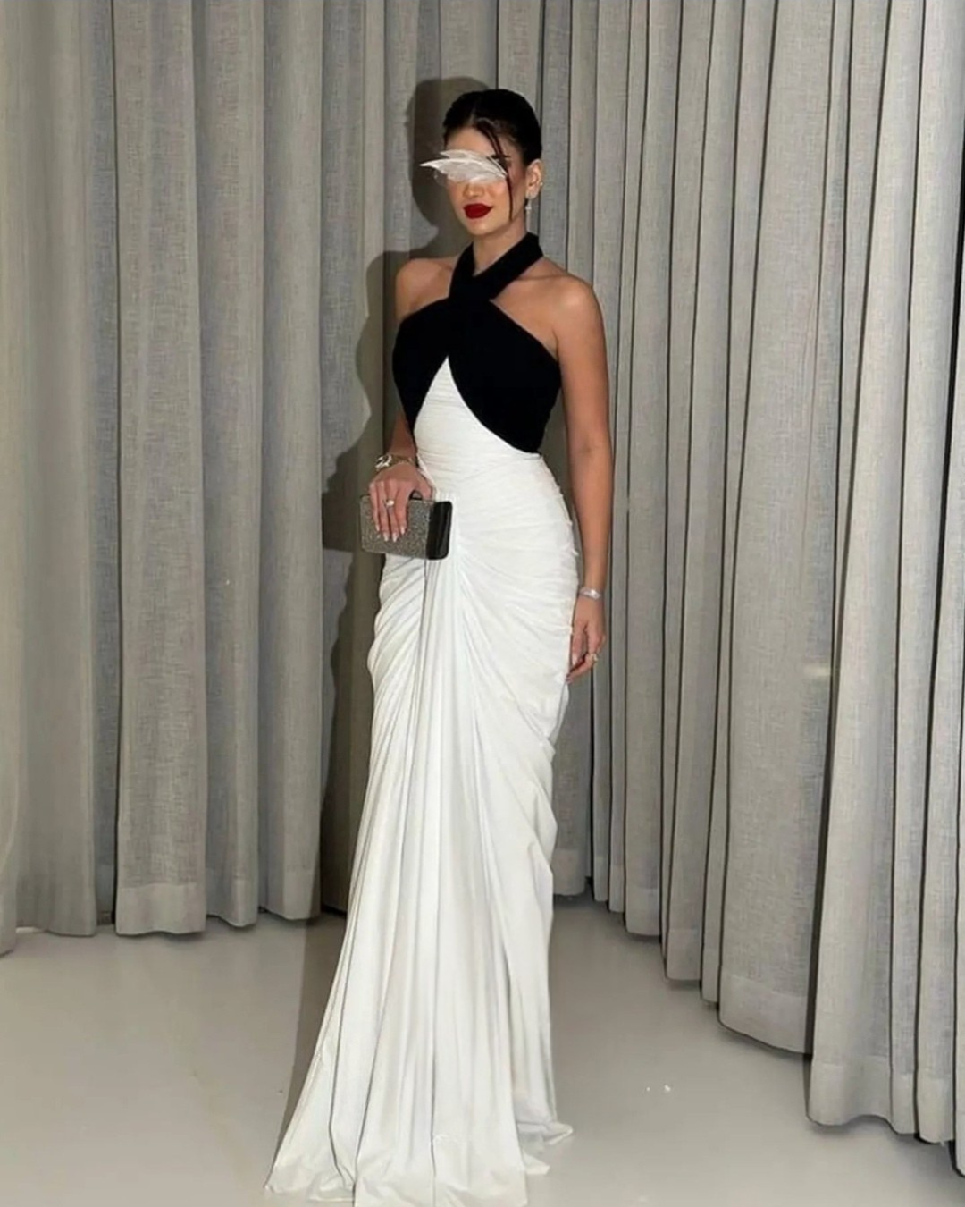 Halter Black and White Evening Dress