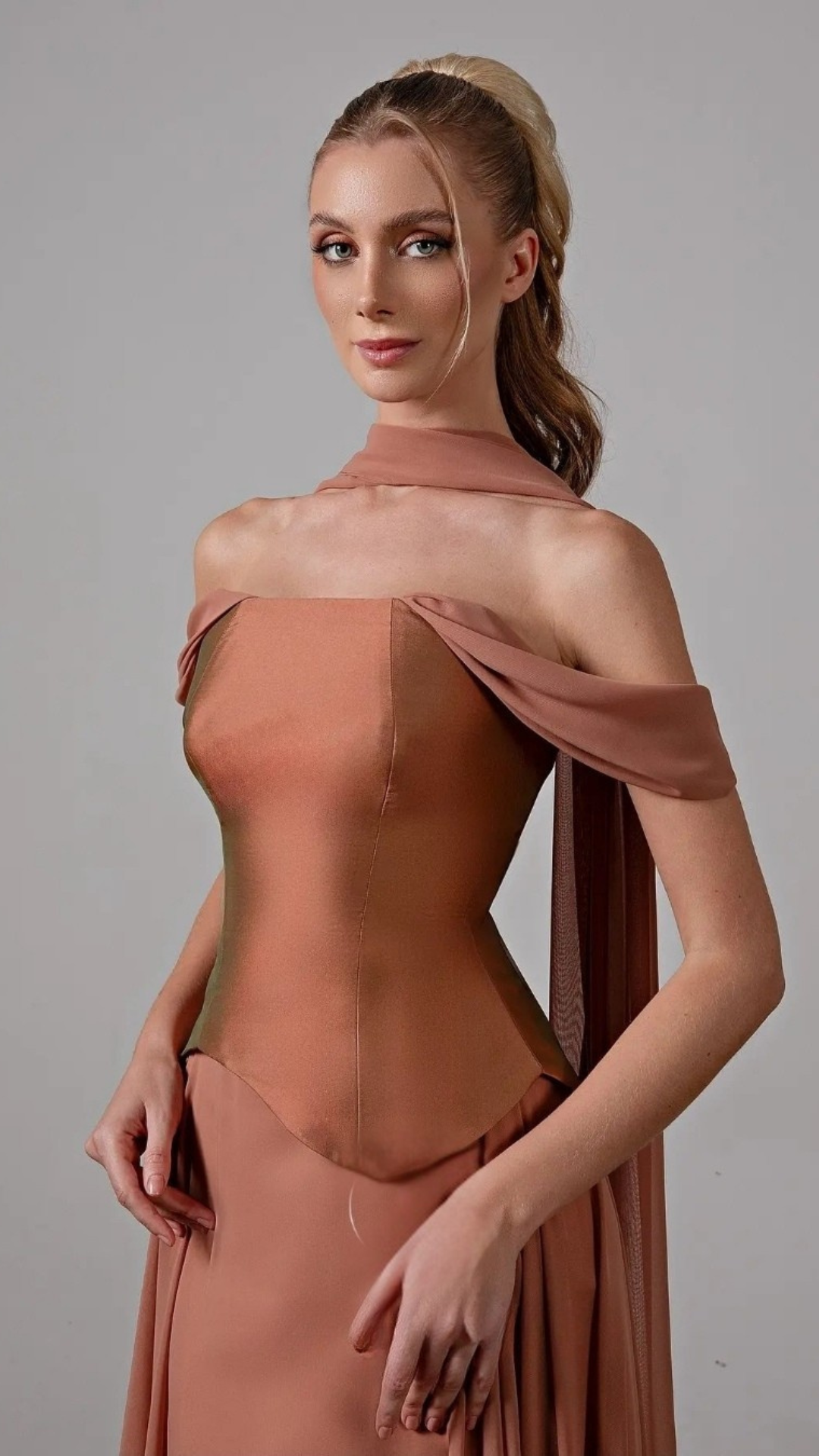 Off Shoulder Evening Dress with Scarf Chiffon