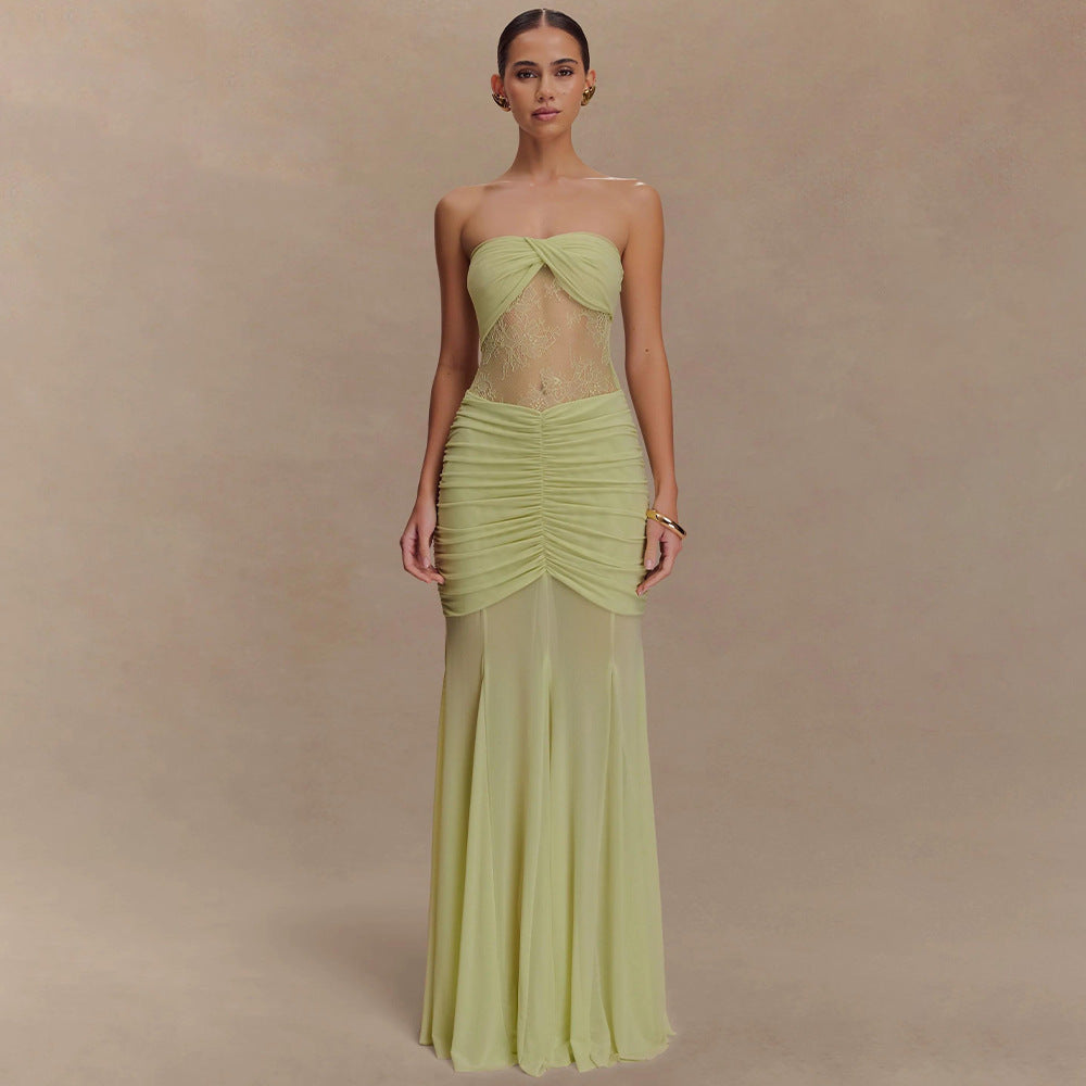 Wevy strapless long dress with pleated perspective dress