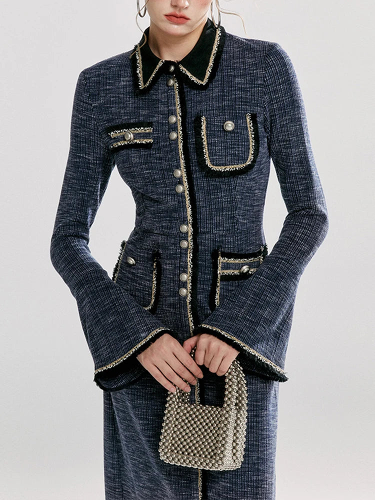 Ollana Lapel Spliced Pockets Long Sleeve High Waist Single Breasted Dress
