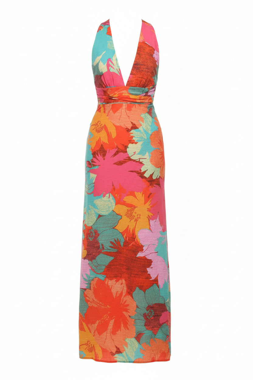 Hazel Split Crisscross Back Printed Plunge Maxi Dress