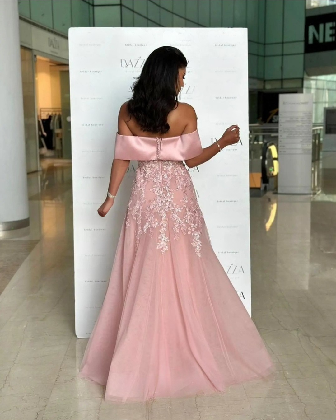 A-Line Pink Off Shoulder Evening Dress