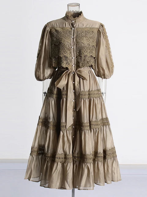 Eva Stand Neck Short Sleeve Lace Up Dress