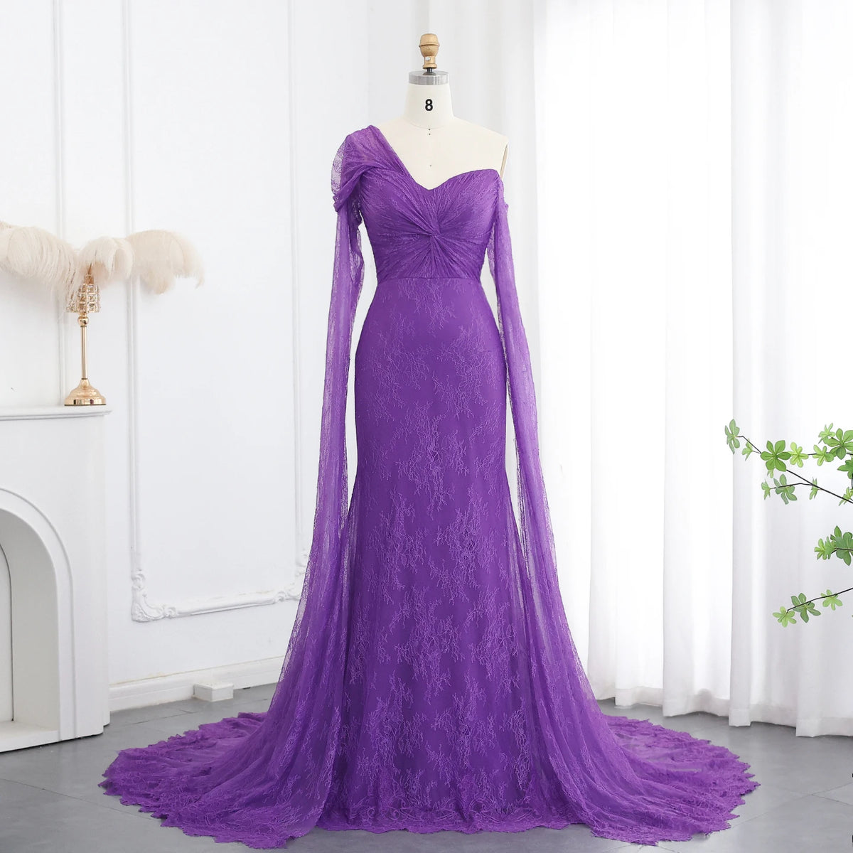 Anne Lace Purple Mermaid Evening Dress with Cap Sleeves Gown