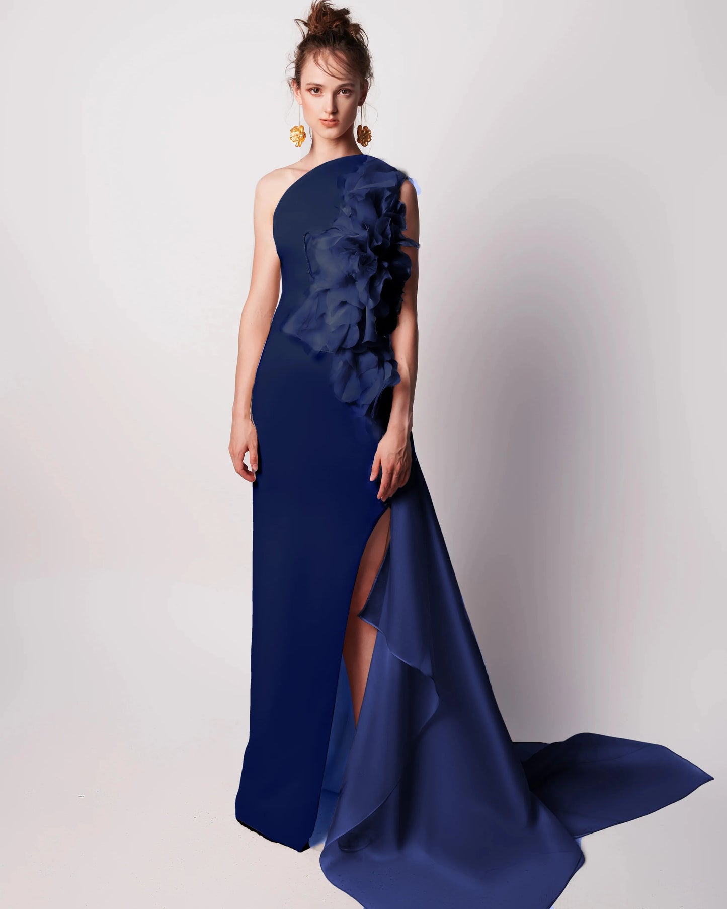 Charlotte One Shoulder Black Evening Dress with 3D Flowers and Overskirt