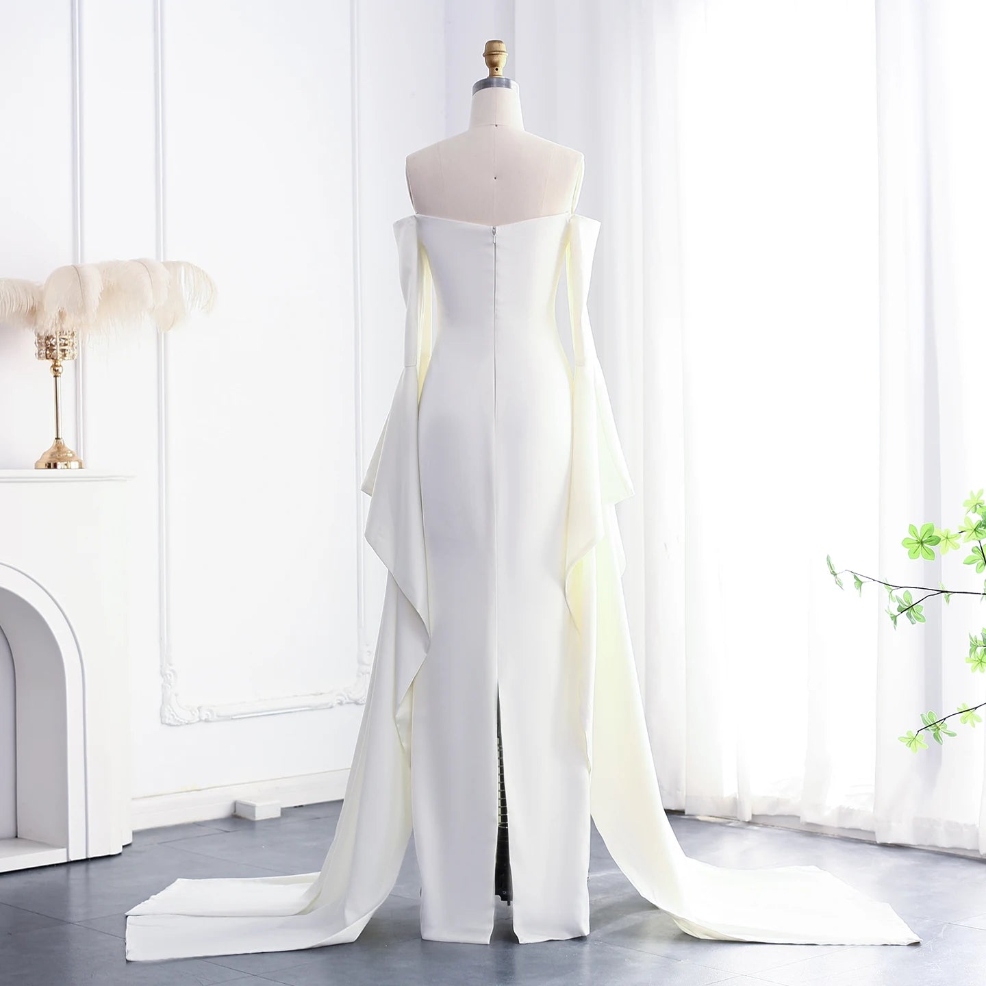 Angel Off Shoulder Arabic Evening Dress Beige Ivory Beige Flare Sleeve