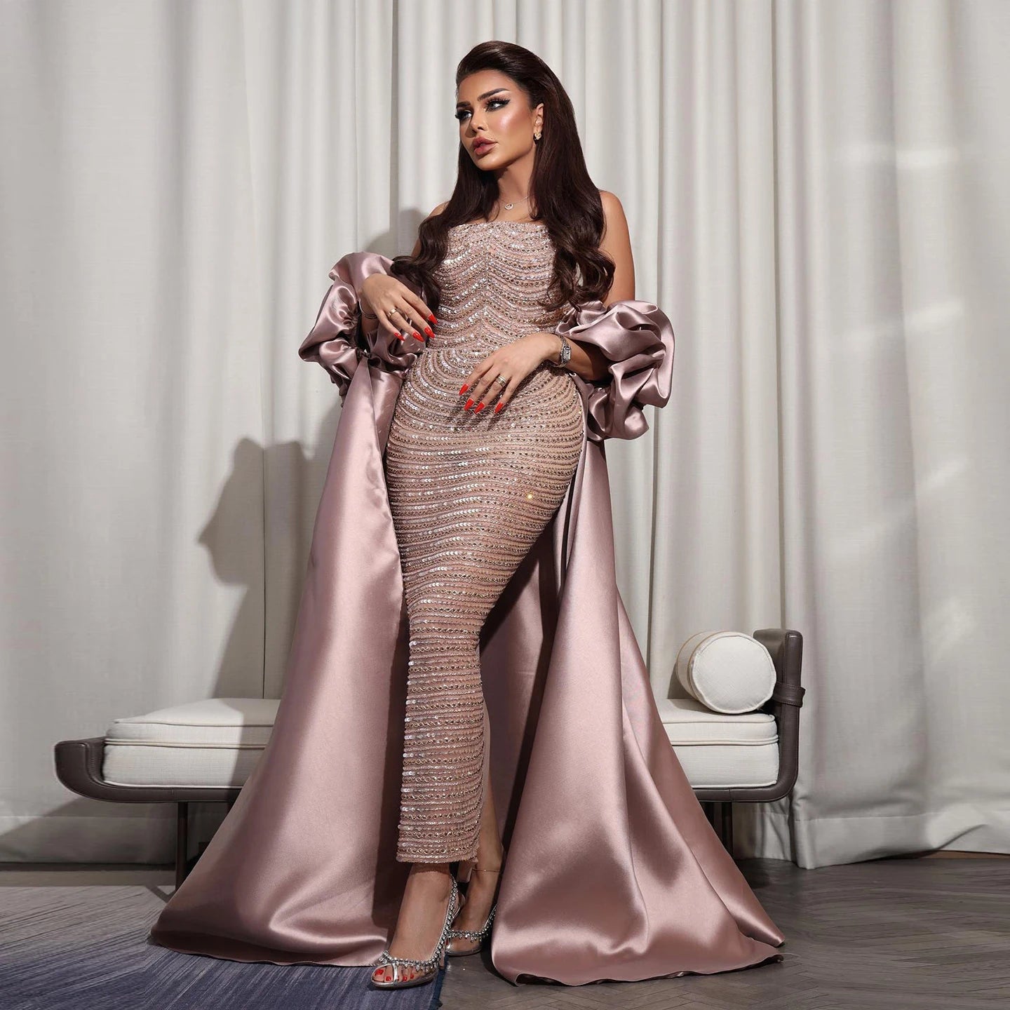 Strapless Luxury Dusty Rose Evening Dress with Cape Dusty Rose / 8 Strapless Luxury Dusty Rose Evening Dress with Cape Dusty Rose / 8