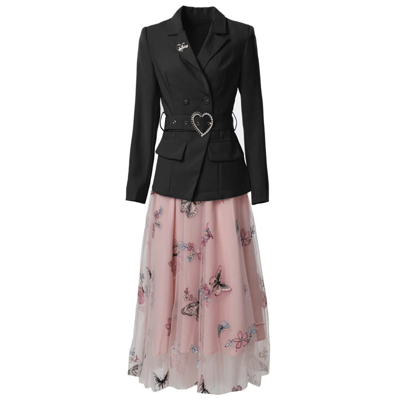 Leilanie Belted Long Sleeve Suit Jacket + Mesh Skirt Set