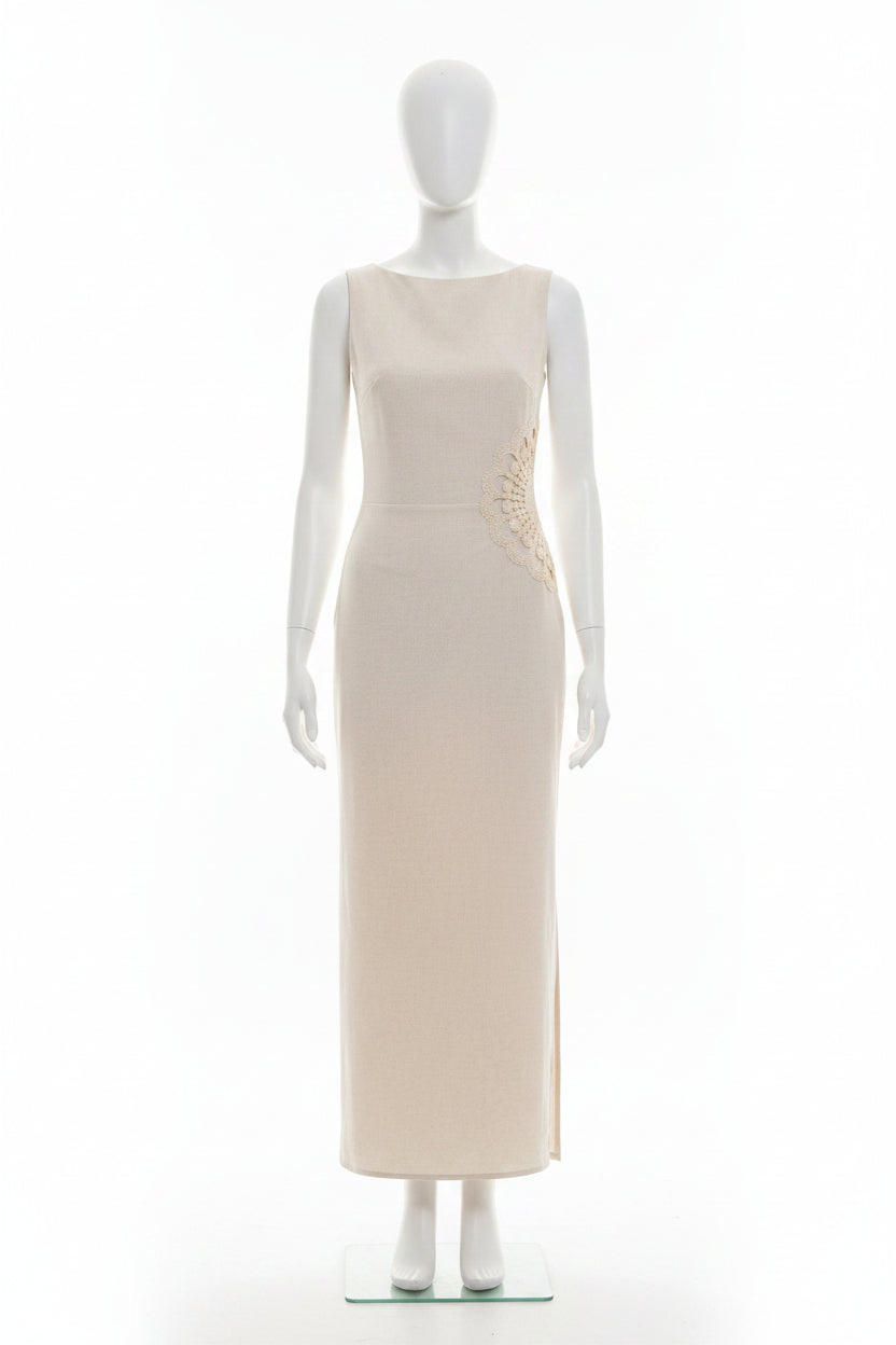 Serena Flutter Sleeve Elegant Dress Office Chic with Hand-Crocheted Flower Patchwork