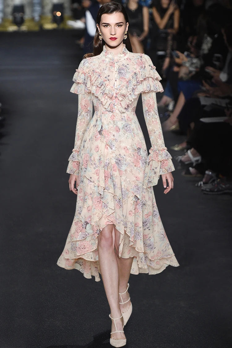 Louisa Floral Embroidered Print Long Asymmetrical Midi Dress Mixed Color / M Louisa Floral Embroidered Print Long Asymmetrical Midi Dress Mixed Color / M