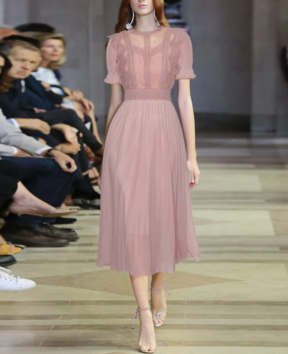 Dayana Embroidery Hollow Out Net Yarn Puff Sleeve Dress