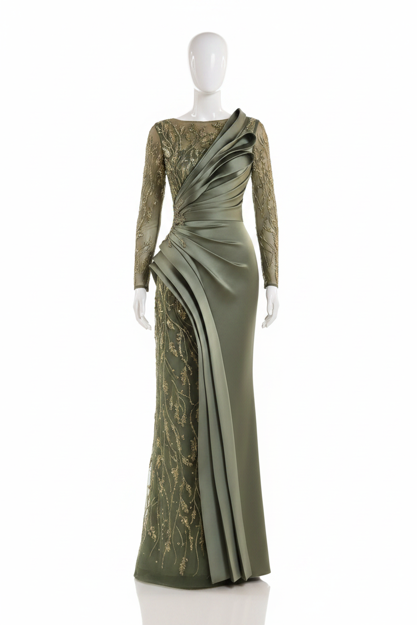 Heaven Olive Green Evening Dress Long Sleeve Sparkling Mermaid Ball Gown