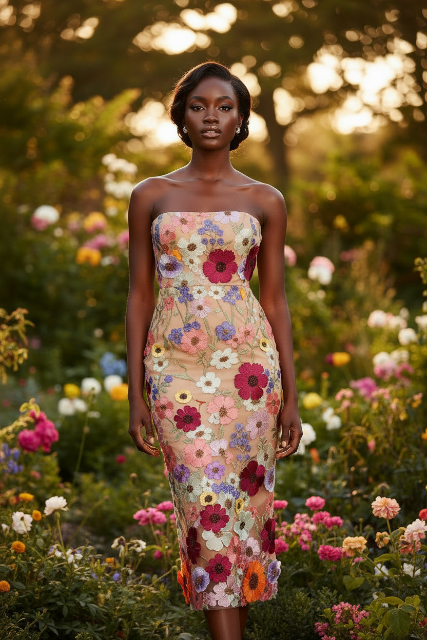 Christine Contrast Color Mesh 3D Floral Patchwork Design Dress