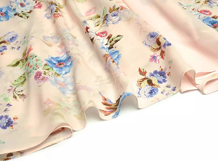 Leanna Stand Collar Short Sleeve Butterfly Beading Flower Print Vintage Dress