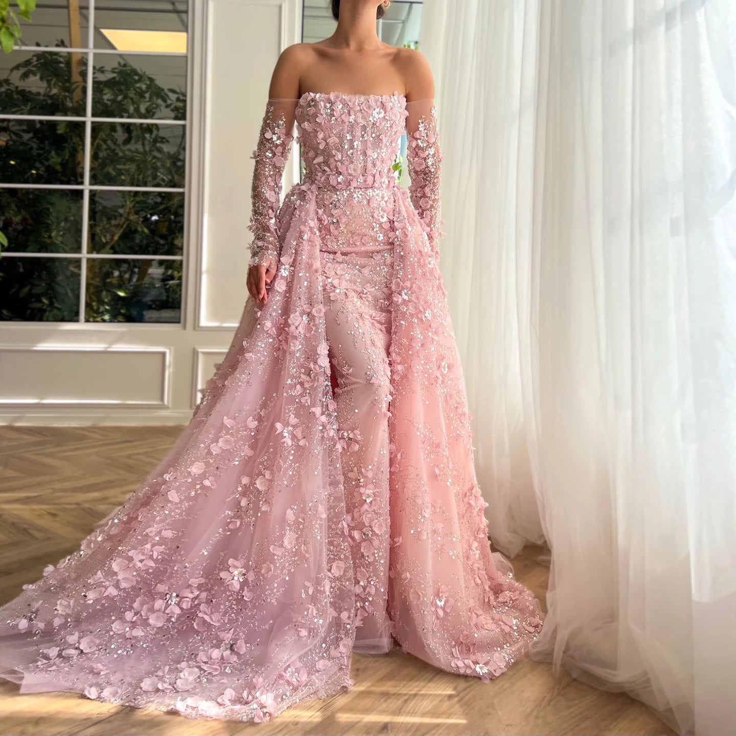 Elegant 3D Floral Evening Dress with Overskirt VanillaStyle Elegant 3D Floral Evening Dress with Overskirt VanillaStyle