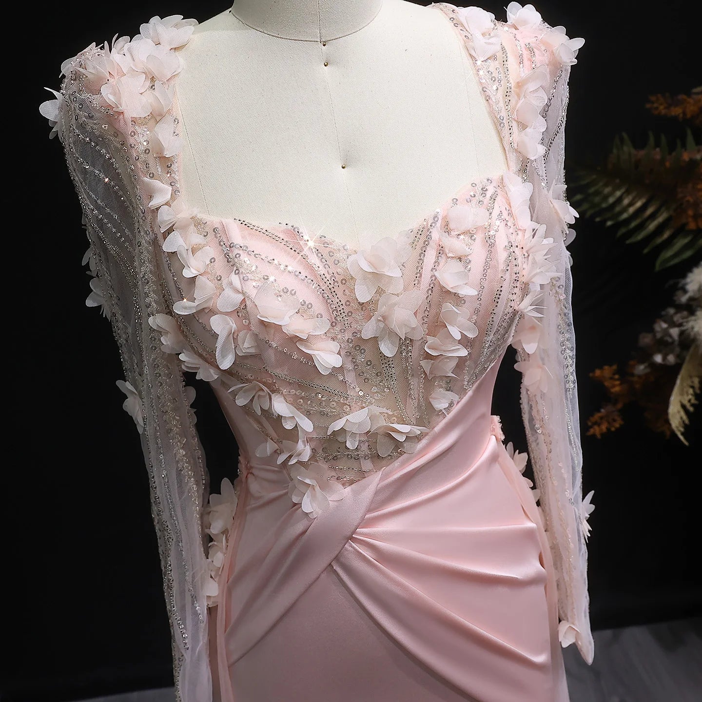 Prescila Pink Long Sleeves Mermaid With Slit 3D Flowers Evening Dress