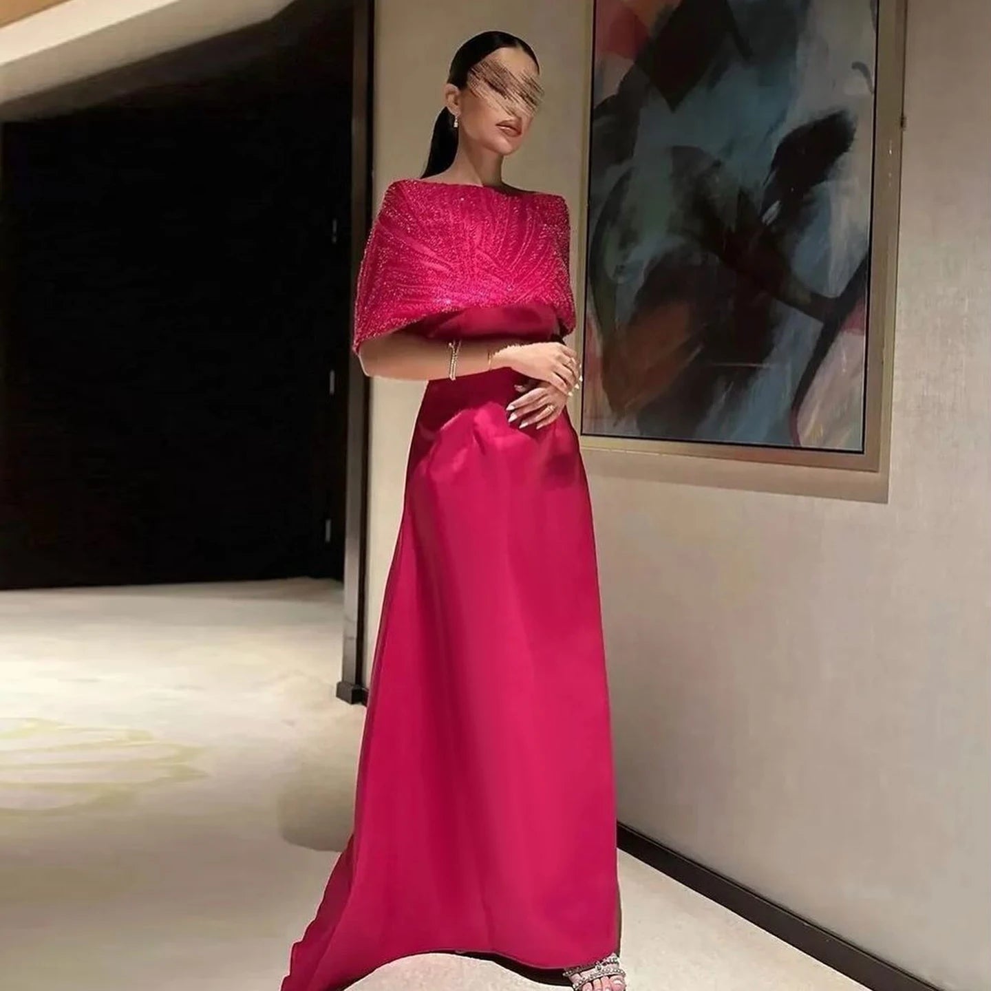 Elegant Off Shoulder Fuchsia Evening Dress with Cape Fuchsia / 2 Elegant Off Shoulder Fuchsia Evening Dress with Cape Fuchsia / 2
