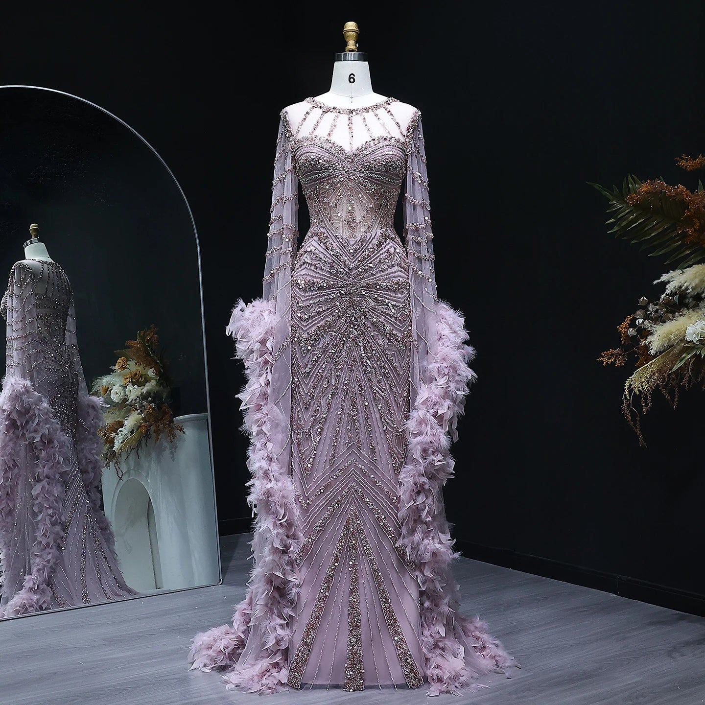 Joyanne Beaded Mermaid Evening Dress with Feather Cape Sleeves