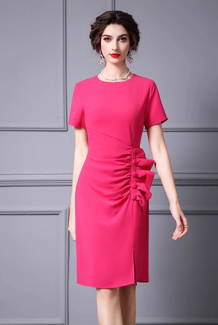 Luisa Short-Sleeved Button Draped Hip Wrap Slim-Fit Pencil Office Lady MIDI Dress Rose Red / XL Luisa Short-Sleeved Button Draped Hip Wrap Slim-Fit Pencil Office Lady MIDI Dress Rose Red / XL