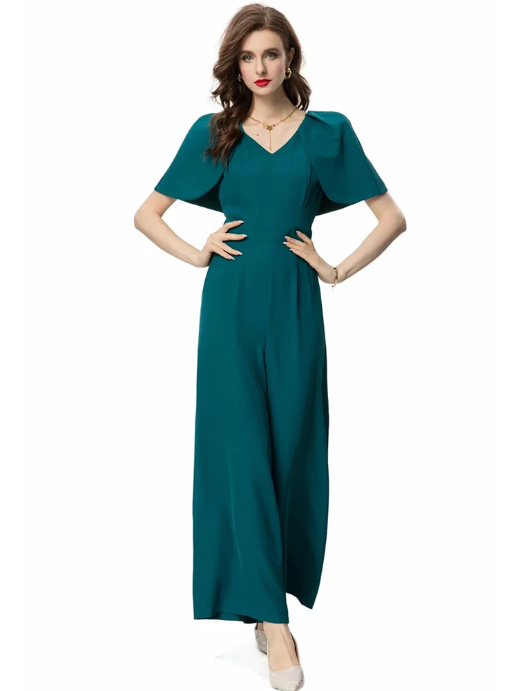 Wendy V-Neck Cloak Sleeves Pockets Solid Color Office Lady Wide leg pant
