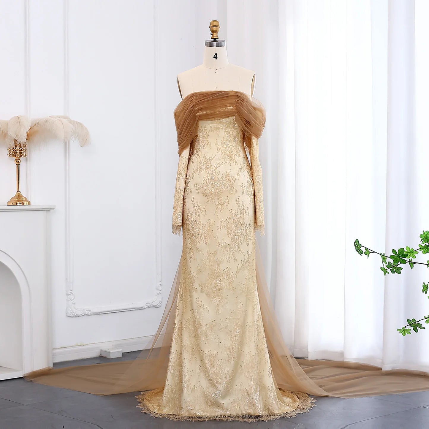 Lace Strapless Evening Dress with Overskirt