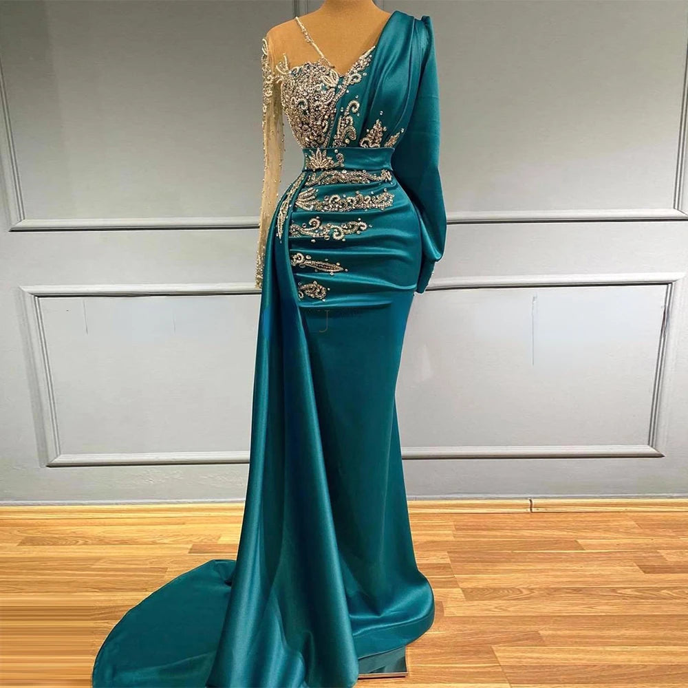 Saralou Formal Gowns Sheer Tulle V-Neck Long Sleeves Party Dress