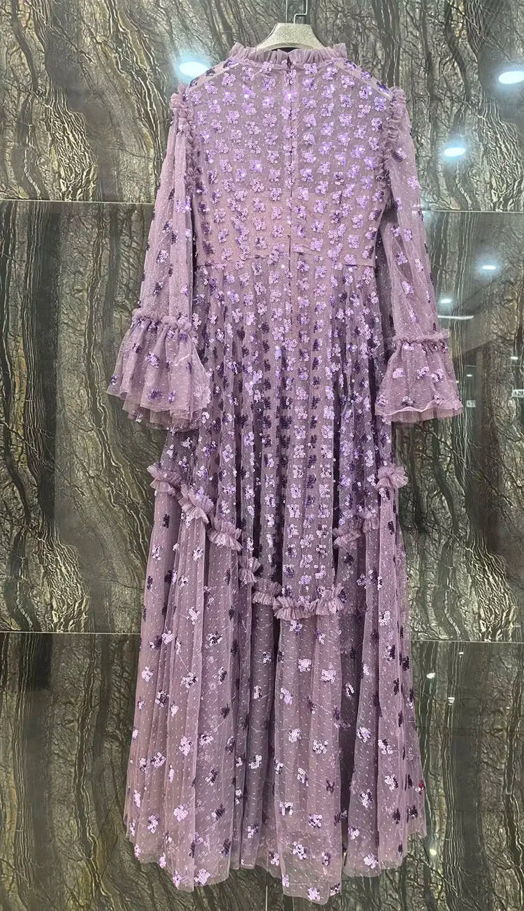 Maya Sequins Embroidery Mesh Long Dress