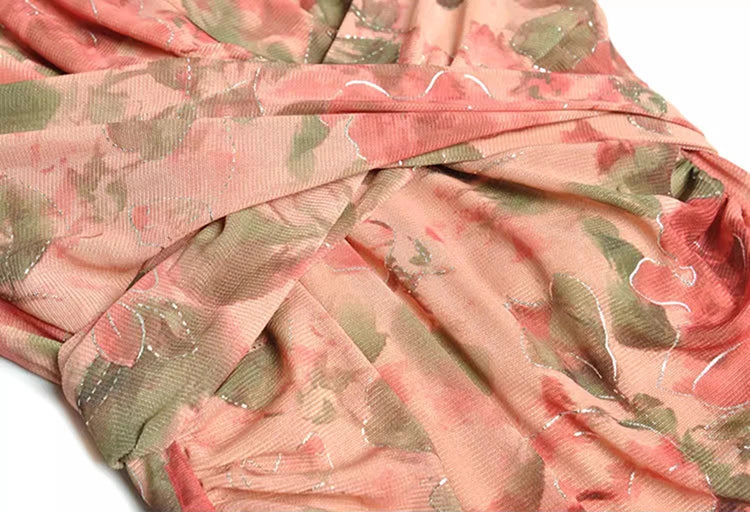 Lea V-Neck Short Sleeve Folds Flower Print Vintage Lace-up Dress