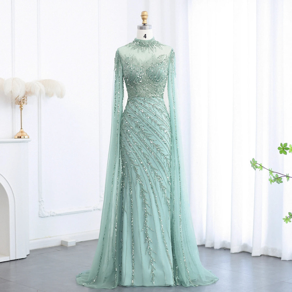 Becky Black High Neck with Beaded Cape Sleeve Evening Dress