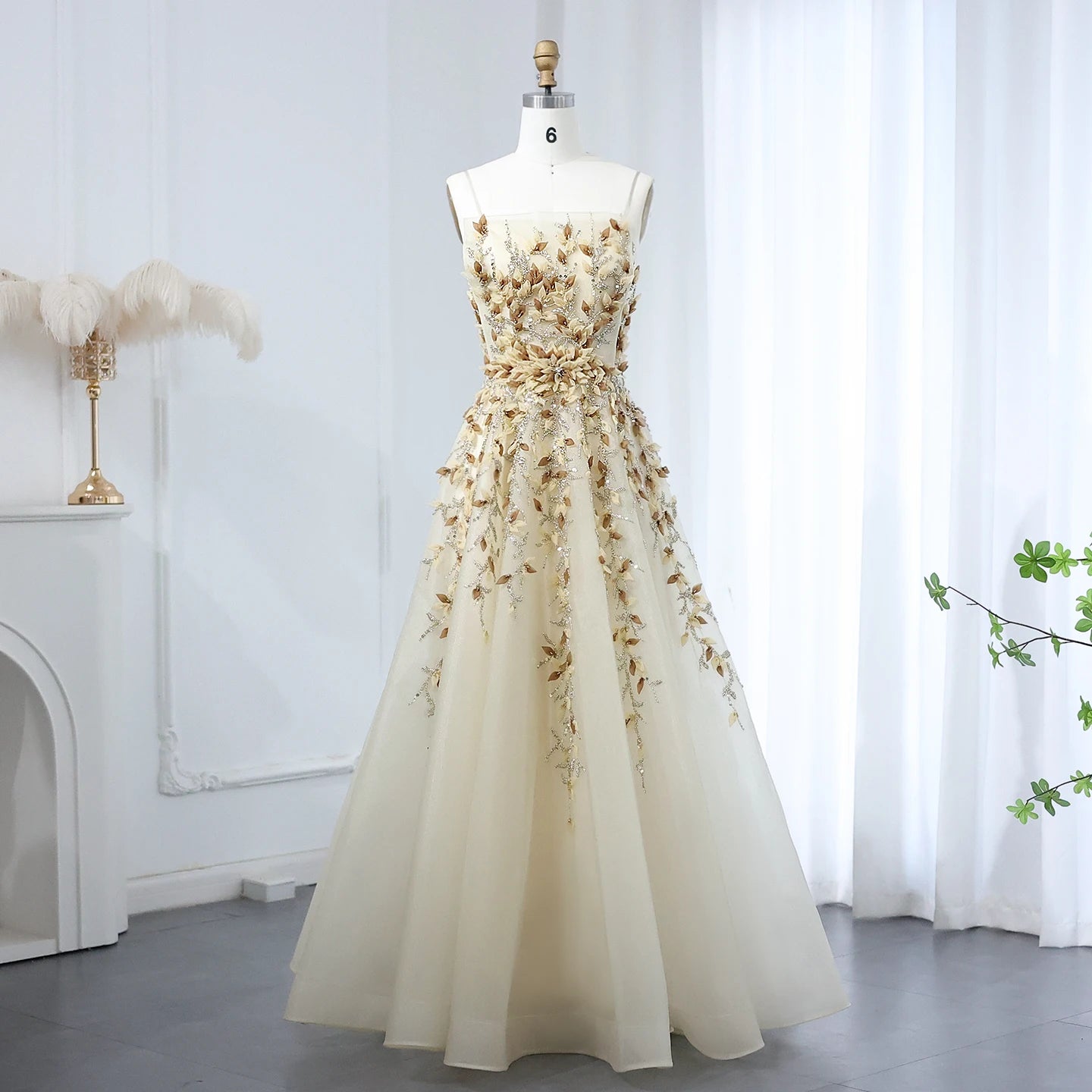 Elegant Beige with 3D Floral Embroidery A-Line Luxury Dress