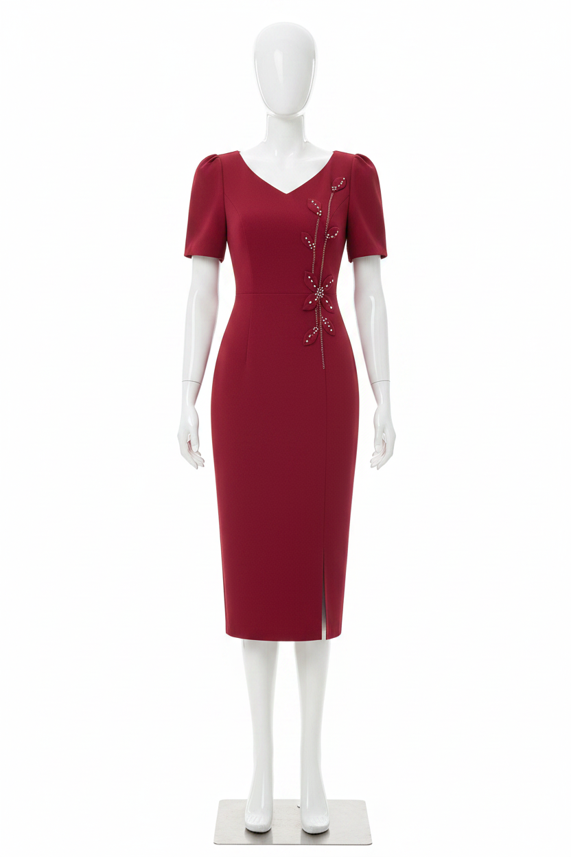 فستان Lorelei ذو الرقبة على شكل حرف V بأكمام قصيرة ومطرز بالخرز بلون واحد للمكتب للسيدات