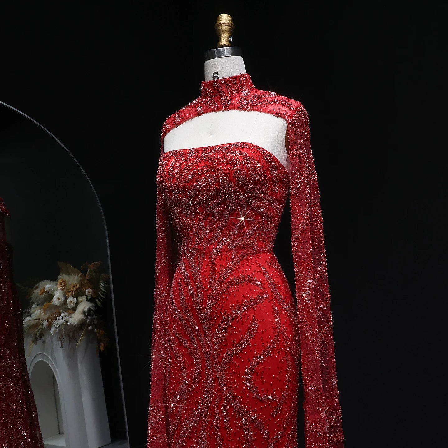 Nelzar Nude Tulle Mermaid Prom Dress with Flowing Sleeves