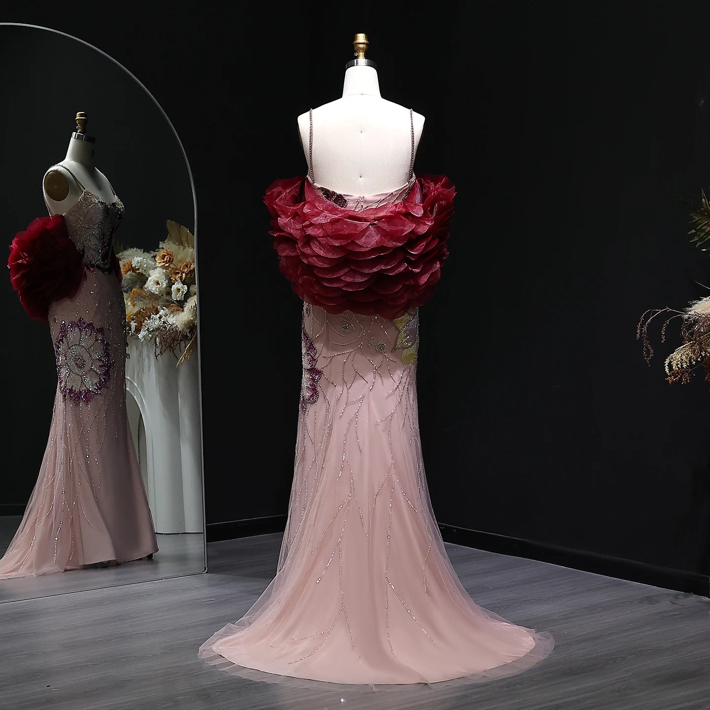 Jerfel Pink Floral Beaded Evening Dress with Burgundy Shawl Cape