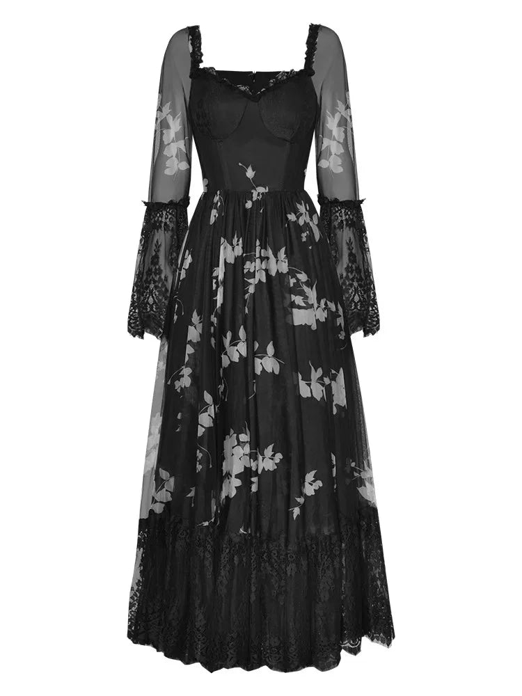 Marley Square Collar Flare Sleeve Floral Print Lace Patchwork Vintage Backless Dress