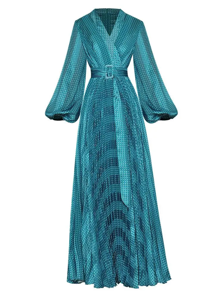 Ladia Chiffon Plaid Printed V-Neck Lace-Up Tie Pleated Large-Hem Dress