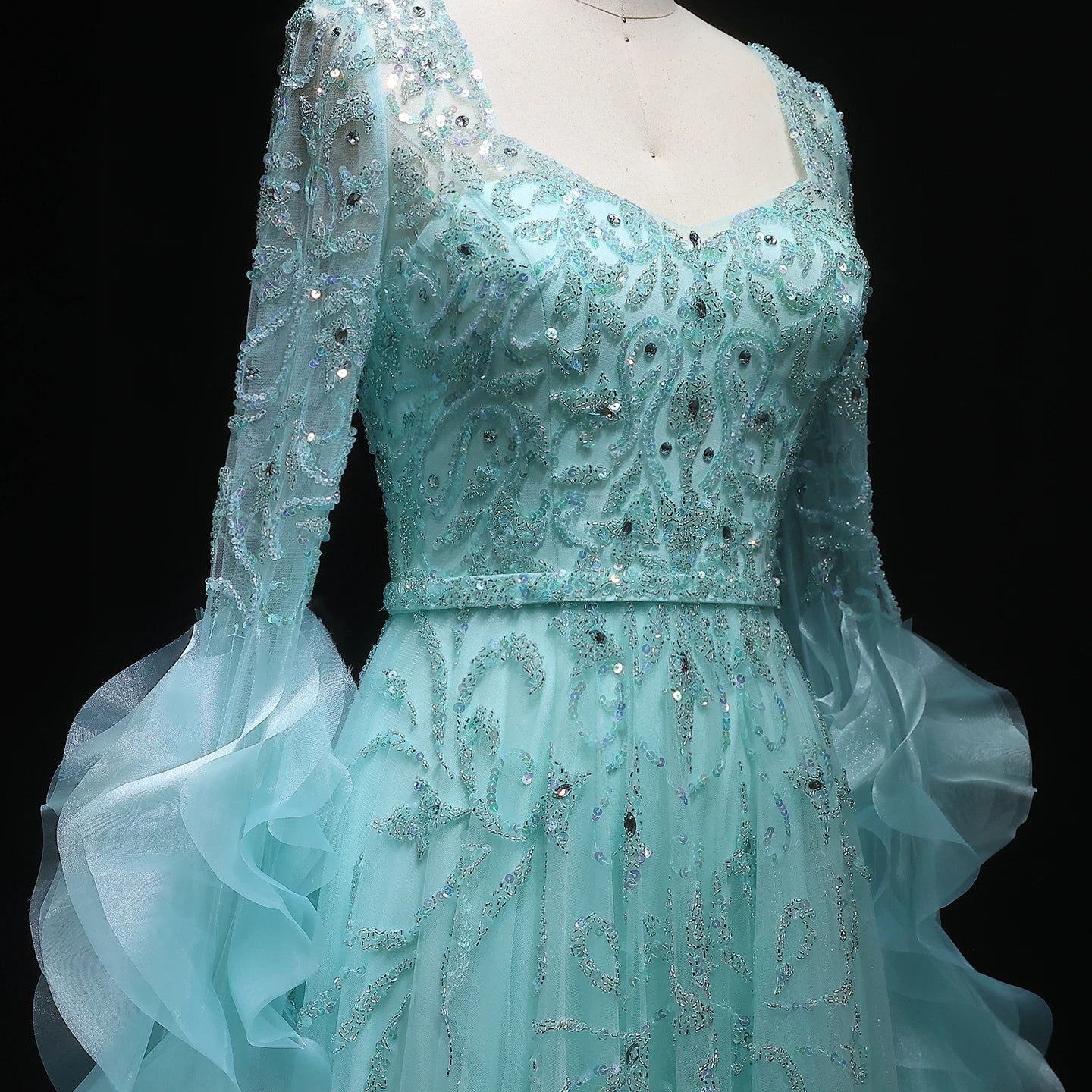 Althea Aqua Luxury Long Sleeve Evening Dress Arabic Beaded Ruffles Gown