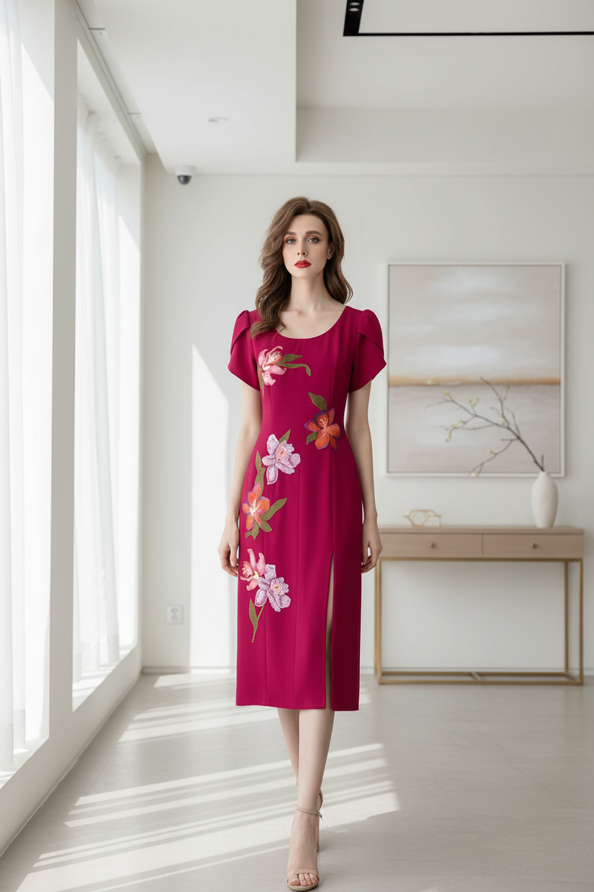 Marvis Round Neck Short Sleeve Burgundy Embroidered Sequin Slit Tribal Ethnic Style Dress