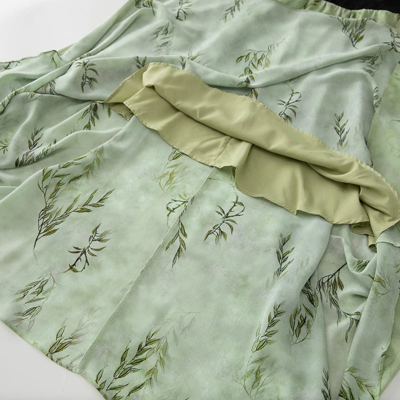 Bernadette Stand-Neck Short Sleeved Button Leaf Printing Casual Dress