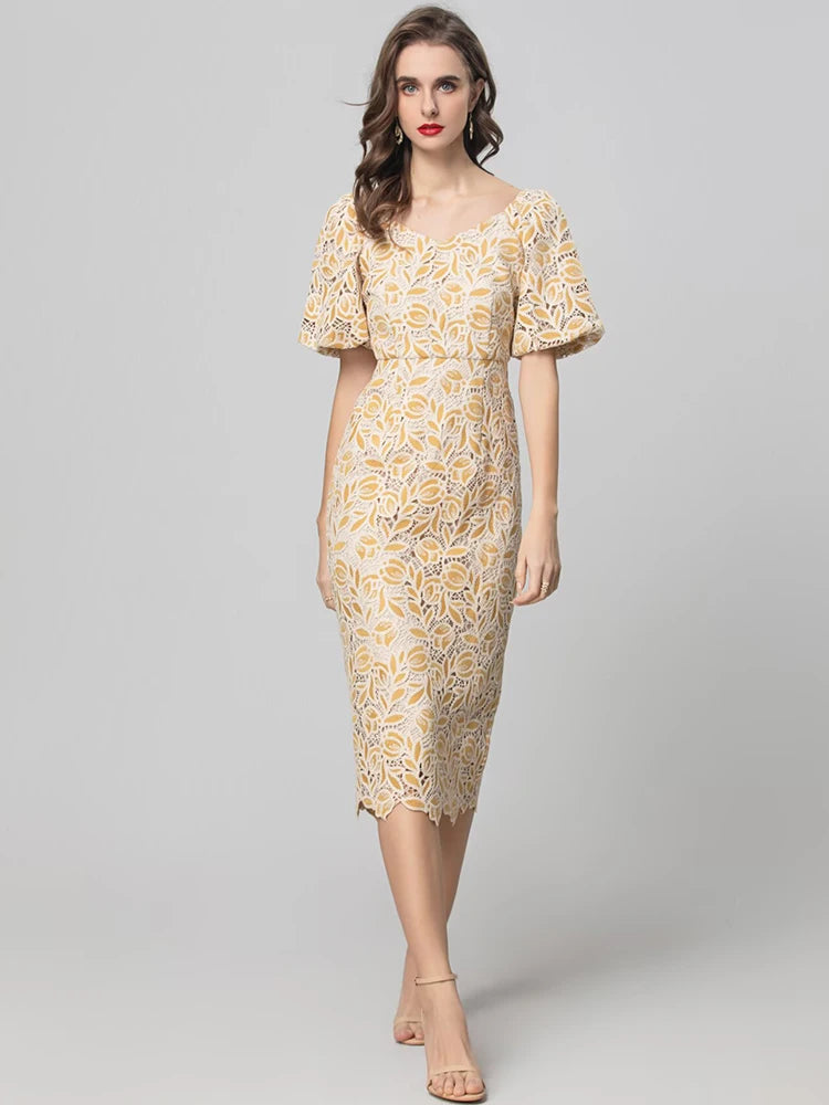 Vivian Vintage Hollow out Embroidery Pencil Dress