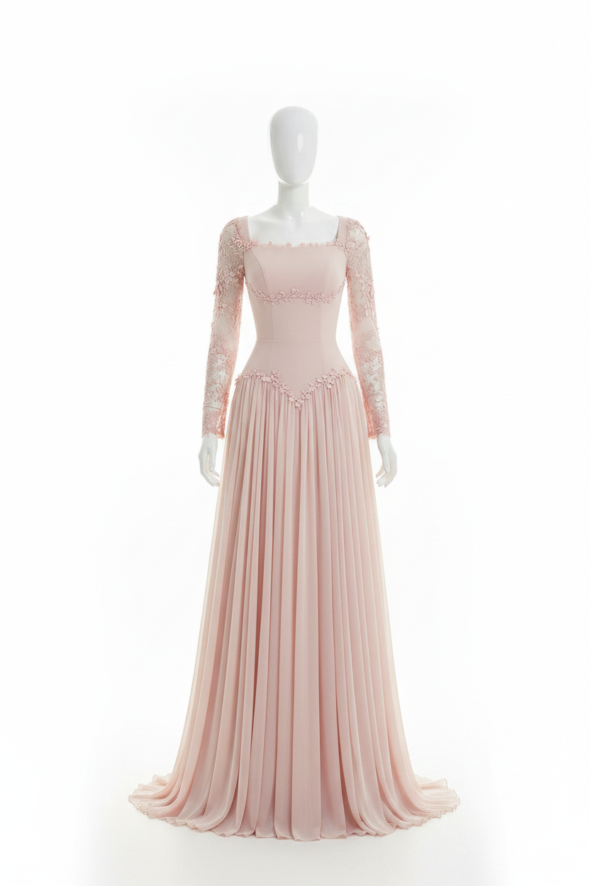 Rainchel Pink Beads Prom Gown O Neck Full Sleeves A Line Evening Dress