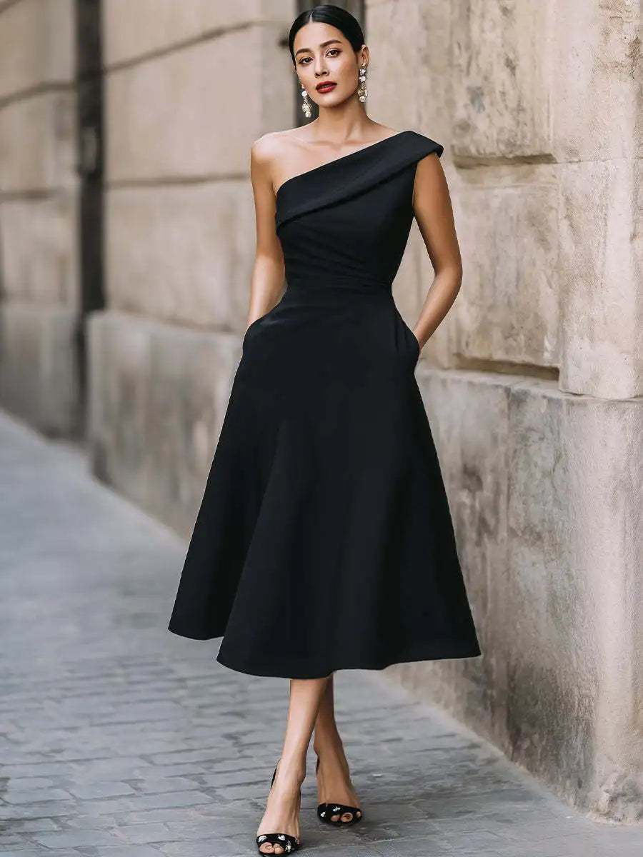 Wenny Off-shoulder Solid Color High Waist Slimming Simple Temperament A-line Skirt